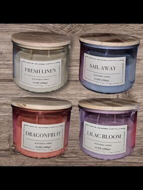 Set of 4 Scented Jar Candles - Fresh Linen, Sail Away, Dragonfruit, Lilac Bloom